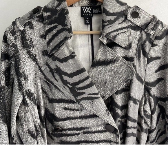 WORTH NEW YORK • Silver Gray Zebra Print Trench Coat - Picture 3 of 8